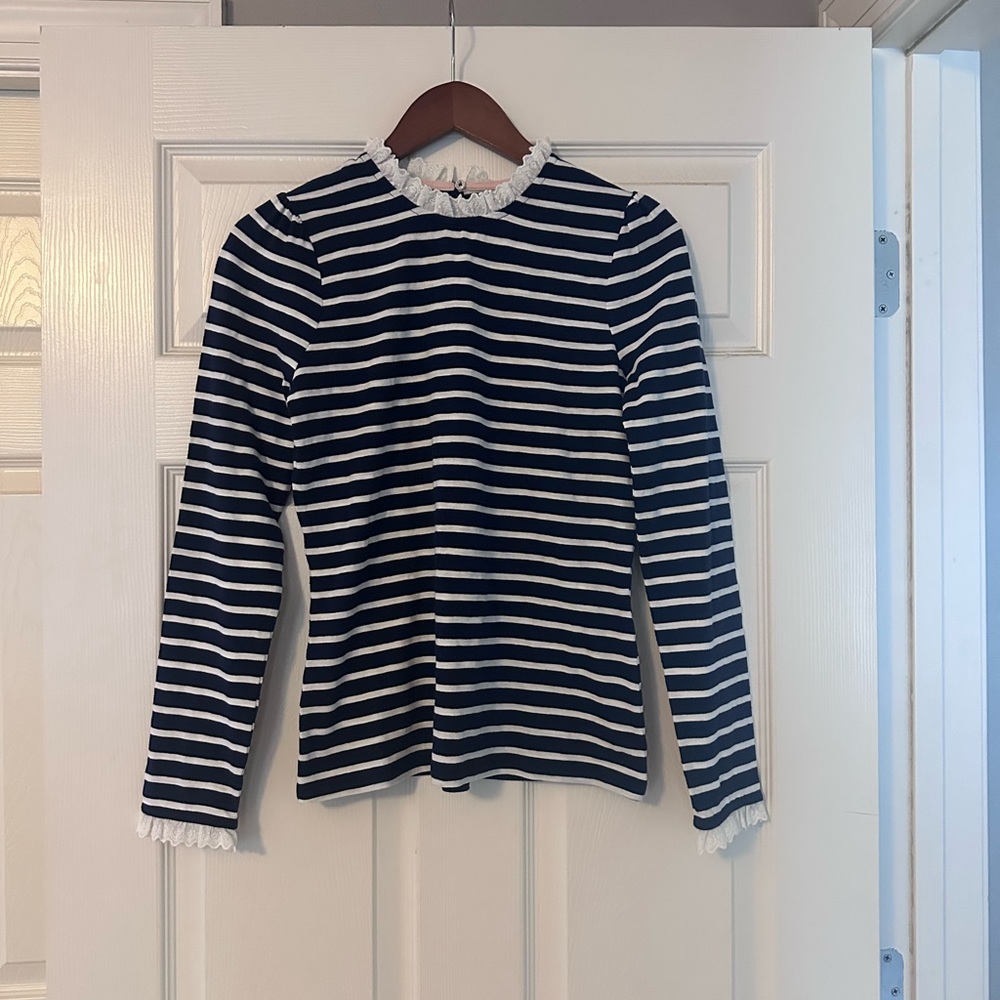NWT Boden Navy and White Striped Long Sleeve Top with eyelet Trim Size 2